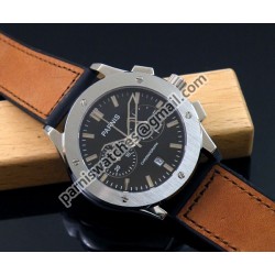 PARNIS 44mm black dial chronograph quartz gents watch brown rubber strap