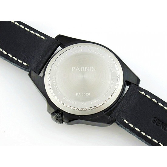 Parnis 44mm Black PVD Bezel White Dial Japan Miyota 821A Movement Automatic Watch