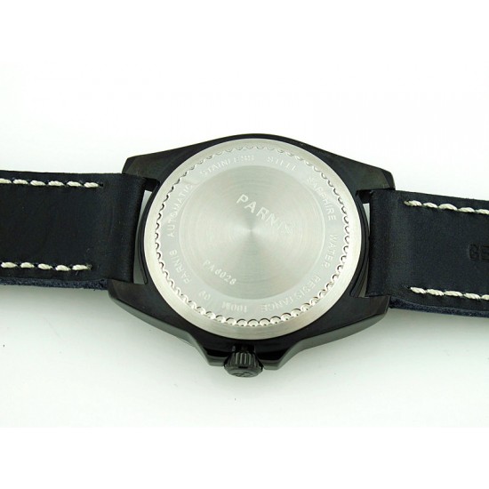 Parnis 44mm Black PVD Case Black Dial White Luminous Markers Automatic Watch