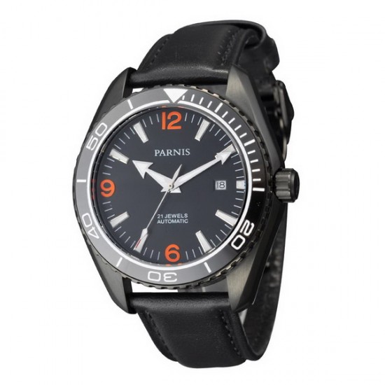 Parnis 45mm PVD Case Sapphire Glass Ceramic Bezel Ocean Planet style Organge Numbers Luminous Automatic Men's Black Leather Watch