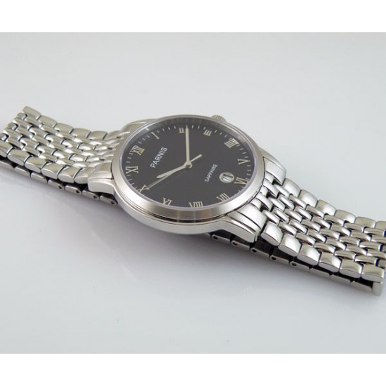 Parnis 37mm black dial roman number stainless steel strap watch