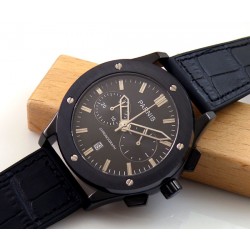 Parnis black dial chronograph quartz mens watch pvd case black leather strap