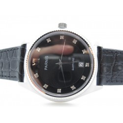 PARNIS SWISS QUARTZ BLACK DIAL WITH DIAMOND DATE BROWN STRAP WATCH FOR MAN
