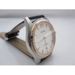 PARNIS SWISS QUARTZ WHITE DIAL ROSE GOLD 2TONE CASE DATE BROWN STRAP WATCH FOR MAN