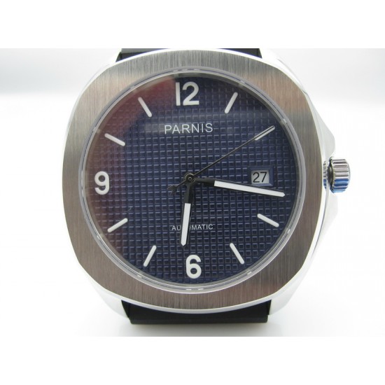 Parnis 40mm stripe blue dial automatic square case mens Blue Leather strap watch