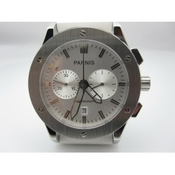 PARNIS 44mm silver dial chronograph quartz blue markers date gents watch