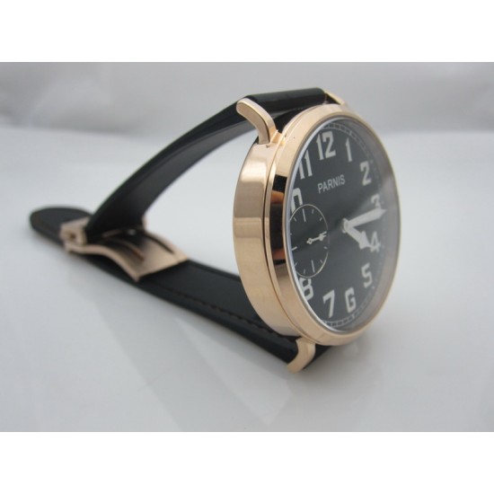 Parnis 46mm Rose Gold plated case black dial White Numbers 6497 hand winding mens watch