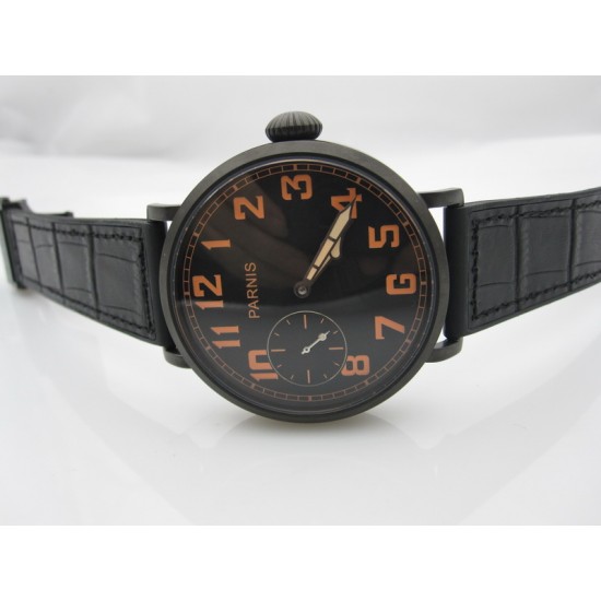 Parnis 46mm PVD plated case black dial Orange Numbers 6497 hand winding mens watch
