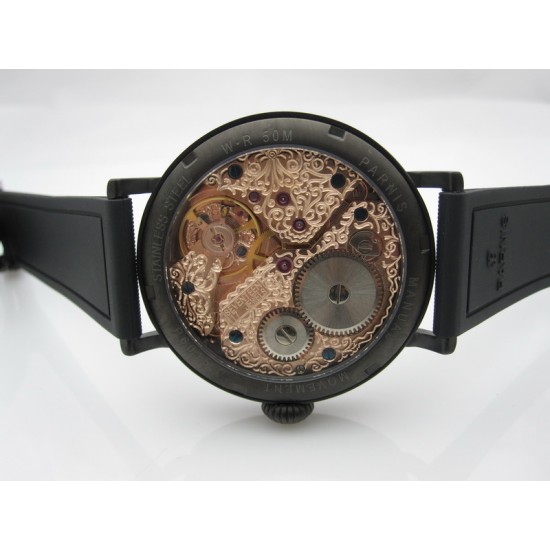 Parnis 46mm PVD case Seagull 3600 hand winding Blacki dial with White numbers mens watch
