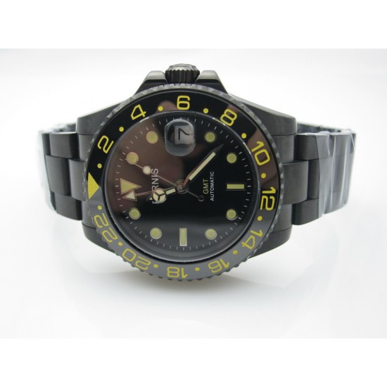 PARNIS 40mm Black with Gold ceramic bezel sterile dial GMT II MASTER PVD STRAP WATCH