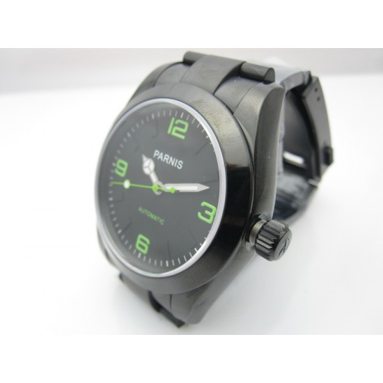 PARNIS 39MM BLACK DIAL WITH GREEN NUMBERS PVD CASE EXPLORER AUTO WATCH GREEN HAND