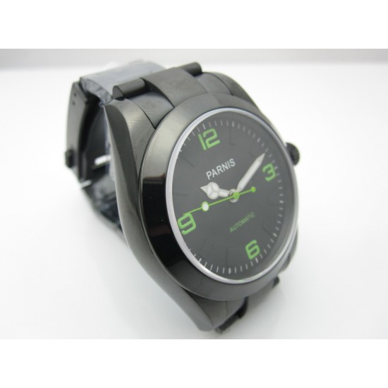 PARNIS 39MM BLACK DIAL WITH GREEN NUMBERS PVD CASE EXPLORER AUTO WATCH GREEN HAND