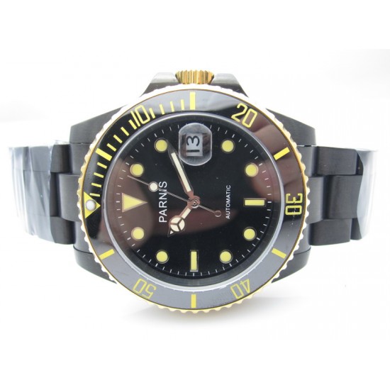 PARNIS 40mm SUBMARINER style sapphire glass black dial yellow markers PVD automatic mens watch