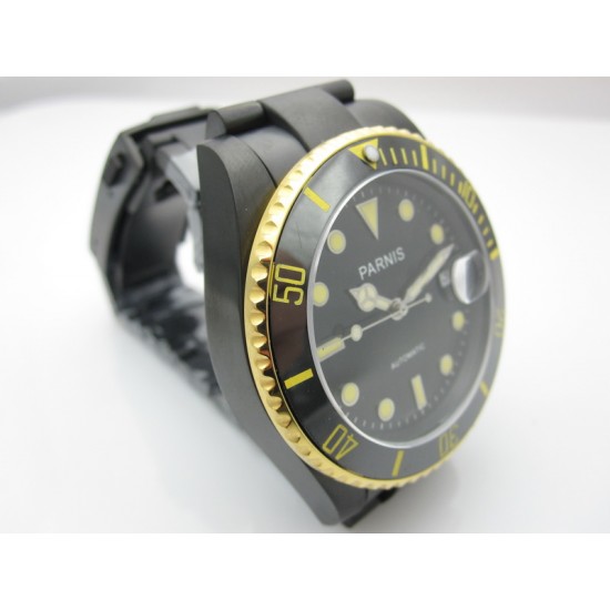 PARNIS 40mm SUBMARINER style sapphire glass black dial yellow markers PVD automatic mens watch