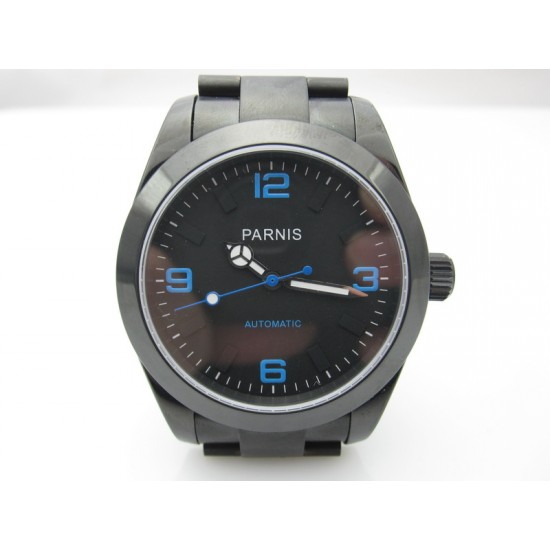 PARNIS 39MM BLACK DIAL WITH BLUE NUMBERS PVD CASE EXPLORER AUTO WATCH BLUE HAND