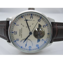 Parnis 43MM White Dial Power Reserve seagull automatic dark brown strap with deployment bucke watch