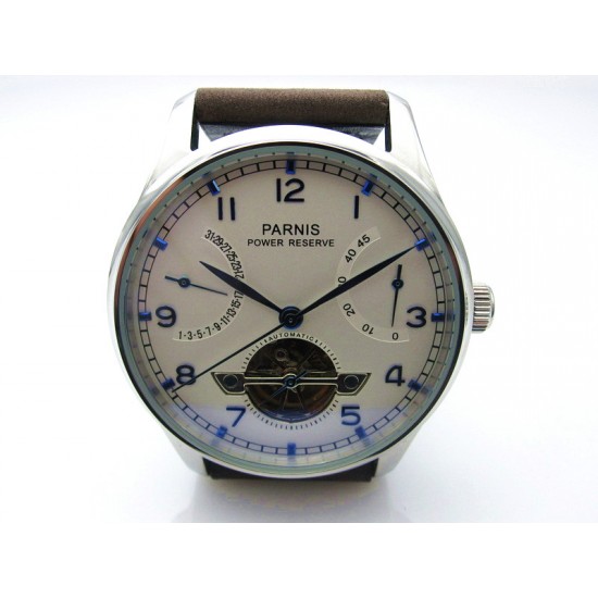 Parnis 43MM White Dial Power Reserve seagull automatic deployment bucke watch