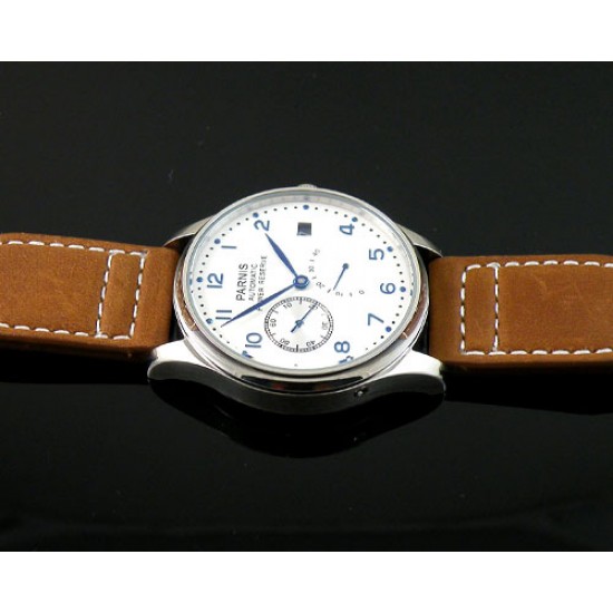 Parnis 43mm white dial blue number ST2530 Power Reserve Chronometer watch