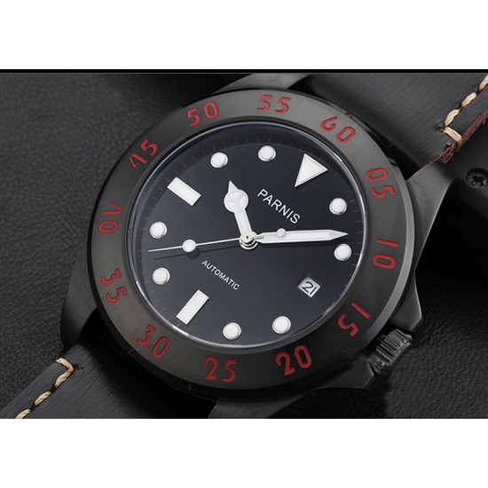 Parnis 43MM black dial PVD Automatic sapphire glass stainless steel mens Watch