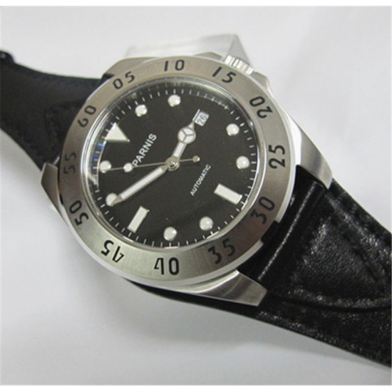 Parnis 43mm Black Dial White Number Sapphire Glass Automatic Mens Watch