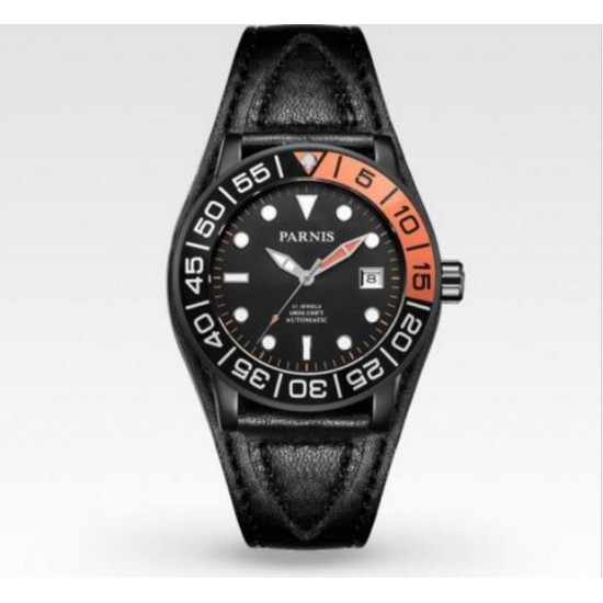 Parnis 42mm Black Dial Black Strap Luminous Sapphire Glass Automatic Mens Watch