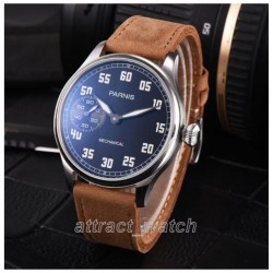 Parnis 44mm Hand Winding Movement Mechanical Mens Boy Vintage Watch Small Second Silver Case