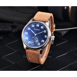 Parnis 44mm Hand Winding Movement Men's Pilot Watch Leather Strap Small Second Silver Case