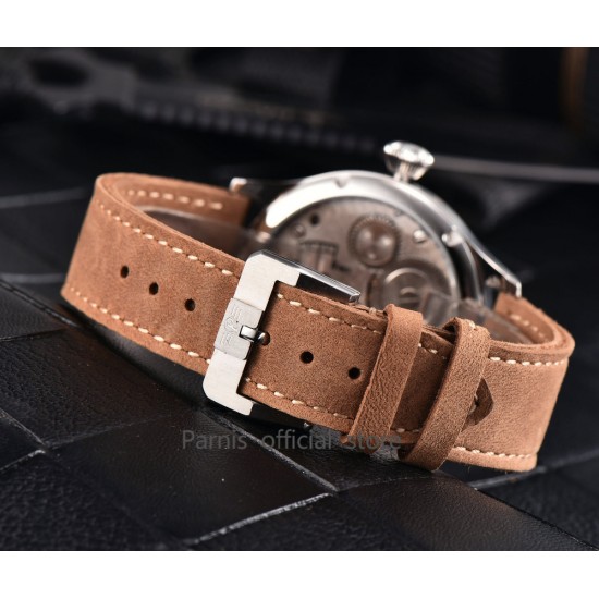 Parnis 44mm Hand Winding Movement Men's Pilot Watch Leather Strap Small Second Silver Case
