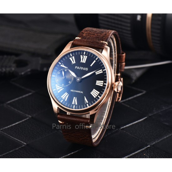 Parnis 44mm Roman Numbers Hand Winding Mechanical Mens Aviator Wrist Watch Rose Gold Case