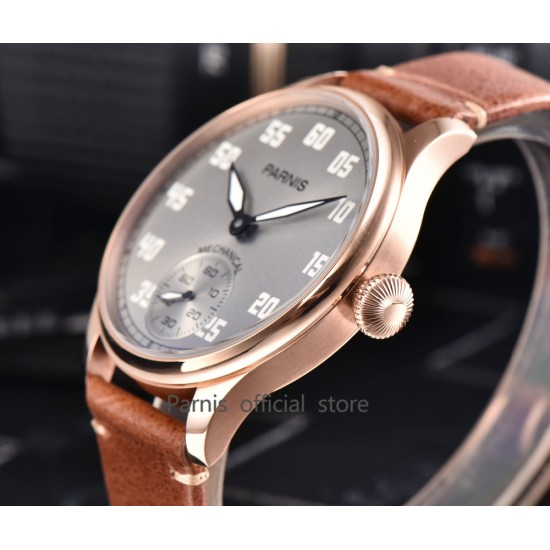Parnis 44mm Hand Winding Movement Men's Pilot Watch Leather Strap Small Second Rose Gold Case