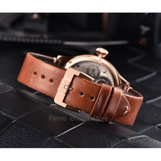 Parnis 44mm Hand Winding Movement Men's Pilot Watch Leather Strap Small Second Rose Gold Case