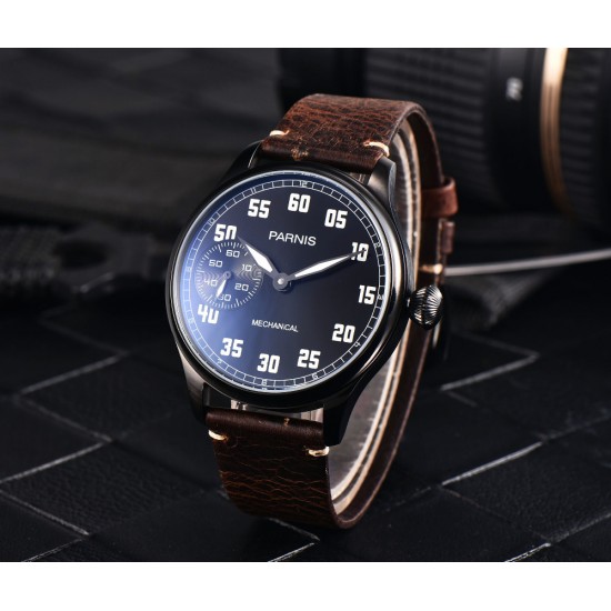 Parnis 44mm Hand Winding Movement Mechanical Mens Boy Vintage Watch Small Second PVD Case