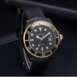 Parnis 40mm Black Dial 21 Jewels Miyota Automatic Men Watch Rotating 2 Tone Bezel Date Sapphire Crystal PVD Case Rubber Strap