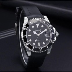 Parnis 40mm Black Dial 21 Jewels Miyota Automatic Men Watch Rotating Bezel Date Sapphire Crystal Rubber Strap