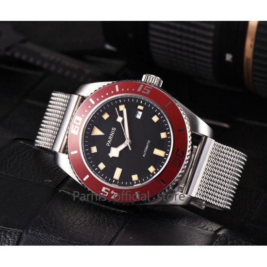 Parnis 43mm Black Dial Red Bezel Miyota Automatic Rotating Bezel Men Business Watch Stainless Steel Strap