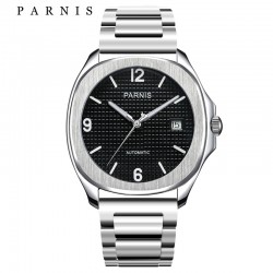 Parnis 39mm Mens Steel Mechanical Automatic Watch with Deployment Clasp Black Silver Watch for Men 