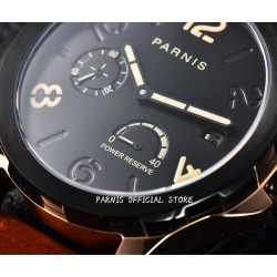 Parnis 44mm Black Dial Sapphire Glass Power Reserve Automatic Movement Men Mechanical Watch Rose Gold Case