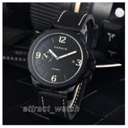 Parnis 44mm Black Dial Automatic Men's Mechanical Watch Sapphire Crystal 5ATM Waterproof PVD Case
