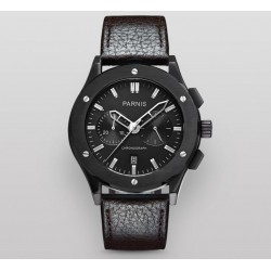 Parnis 42mm Black Dial Men's Chronograph Wristwatch 5ATM Waterproof Japan Movement  PVD Case