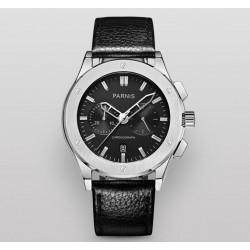 Parnis 42mm Black Dial Men's Chronograph Wristwatch 5ATM Waterproof Japan Movement Leather Strap
