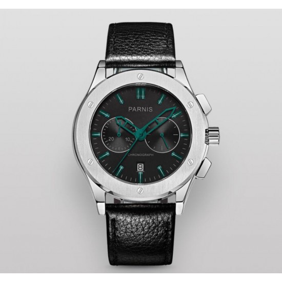 Parnis 42mm Black Dial Green Hnads Men's Chronograph Wristwatch 5ATM Waterproof Japan Movement 