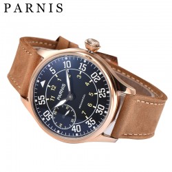 Parnis 44mm Black Dial Hand Winding Men's Mechanical Pilot Watch Luminous No. Small Second Golden Case