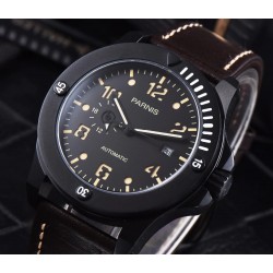 Parnis 44mm Black Dial Sapphire Miyota Automatic Movement 24 Hours Dial 5 ATM Men's Watch PVD Case
