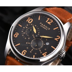 Parnis 44mm Black Dial Orange Numbers Miyota 8219 Automatic Mechnical Men Wrist Watch 24-hour Small Second