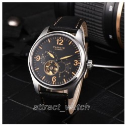 Parnis 44mm Orange Numbers Miyota Automatic Men's Mechnical Watch 24-hour Dial Sapphire Crystal