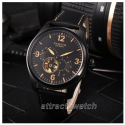 Parnis 44mm Orange Numbers Miyota Automatic Men's Mechnical Watch 24-hour Dial Sapphire Crystal PVD Case