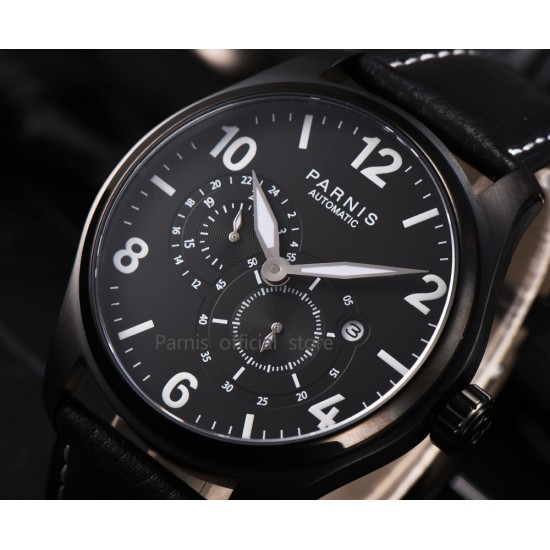 Parnis 44mm Black Dial Miyota 8219 Automatic Mechnical Men Wrist Watch 24-hour Small Second Leather Strap