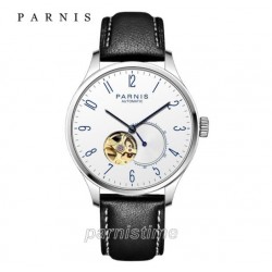 Parnis 41.5mm White Dial Blue Numbers Sapphire Glass Miyota Automatic Movement Men's Casual Watch 10ATM Waterproof Leather Strap