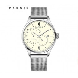 Parnis 41.5mm Cream Dial 21 Jewels Miyota Automatic Movement Sapphire Men Watch 24-Hours Dial Date Stainless Steel Strap