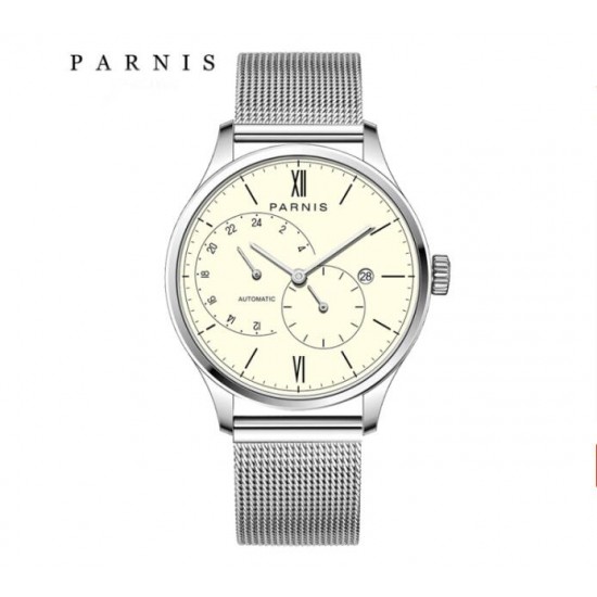 Parnis 41.5mm Cream Dial 21 Jewels Miyota Automatic Movement Sapphire Men Watch 24-Hours Dial Date Stainless Steel Strap